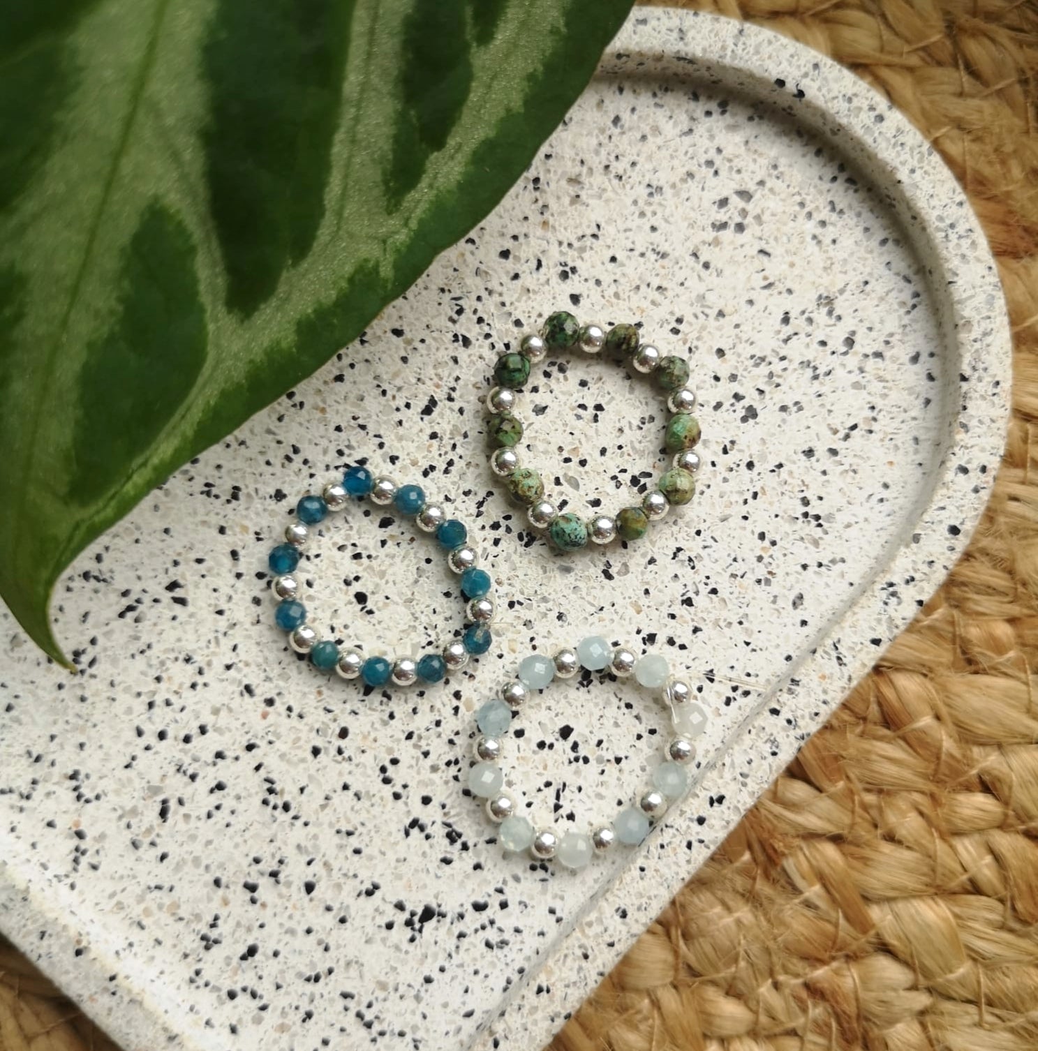 Sterling silver beaded ring with apatite, aquamarine, jasper
