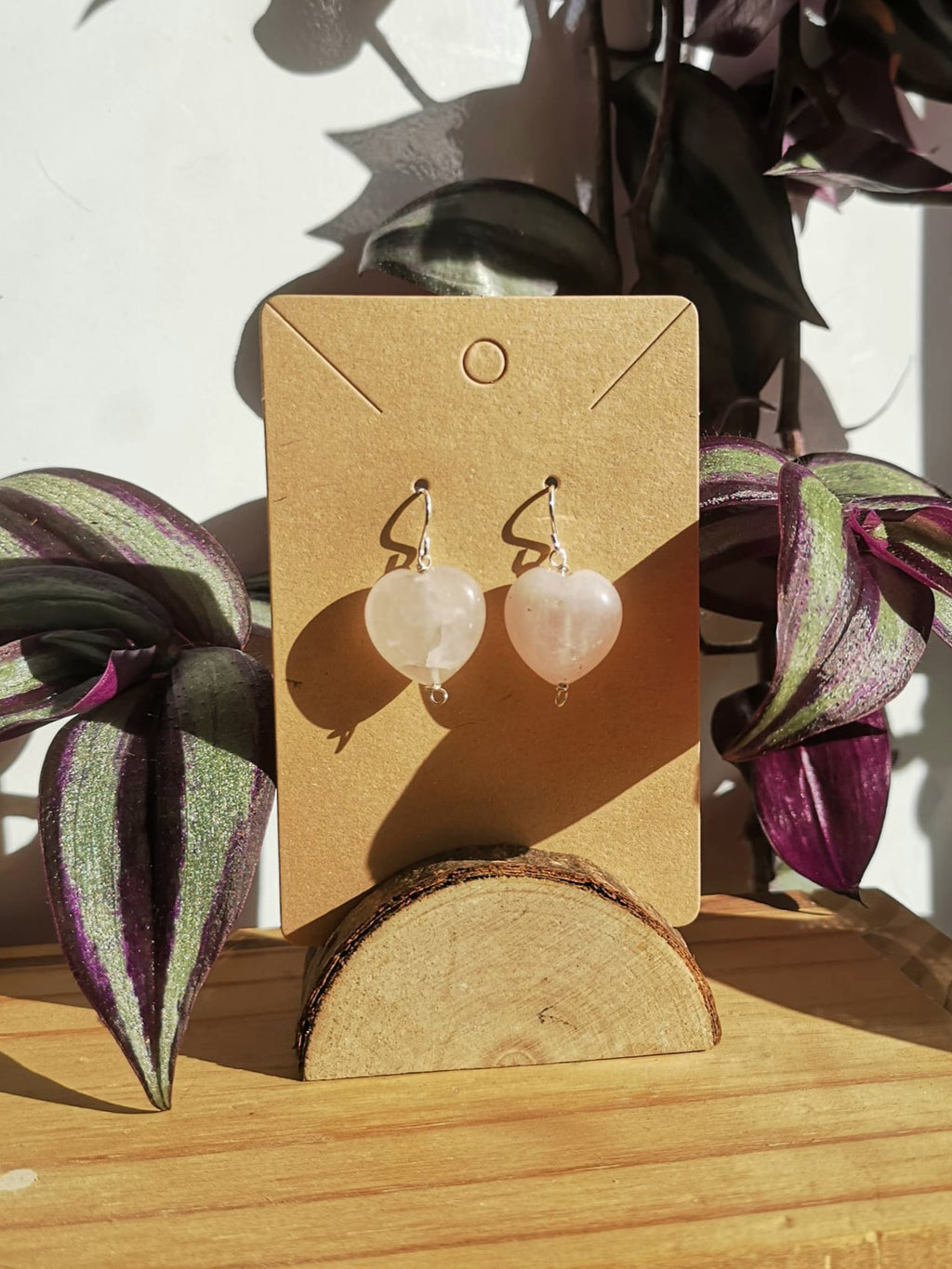 Natural rose quartz heart dangle earrings // 925-sterling-silver