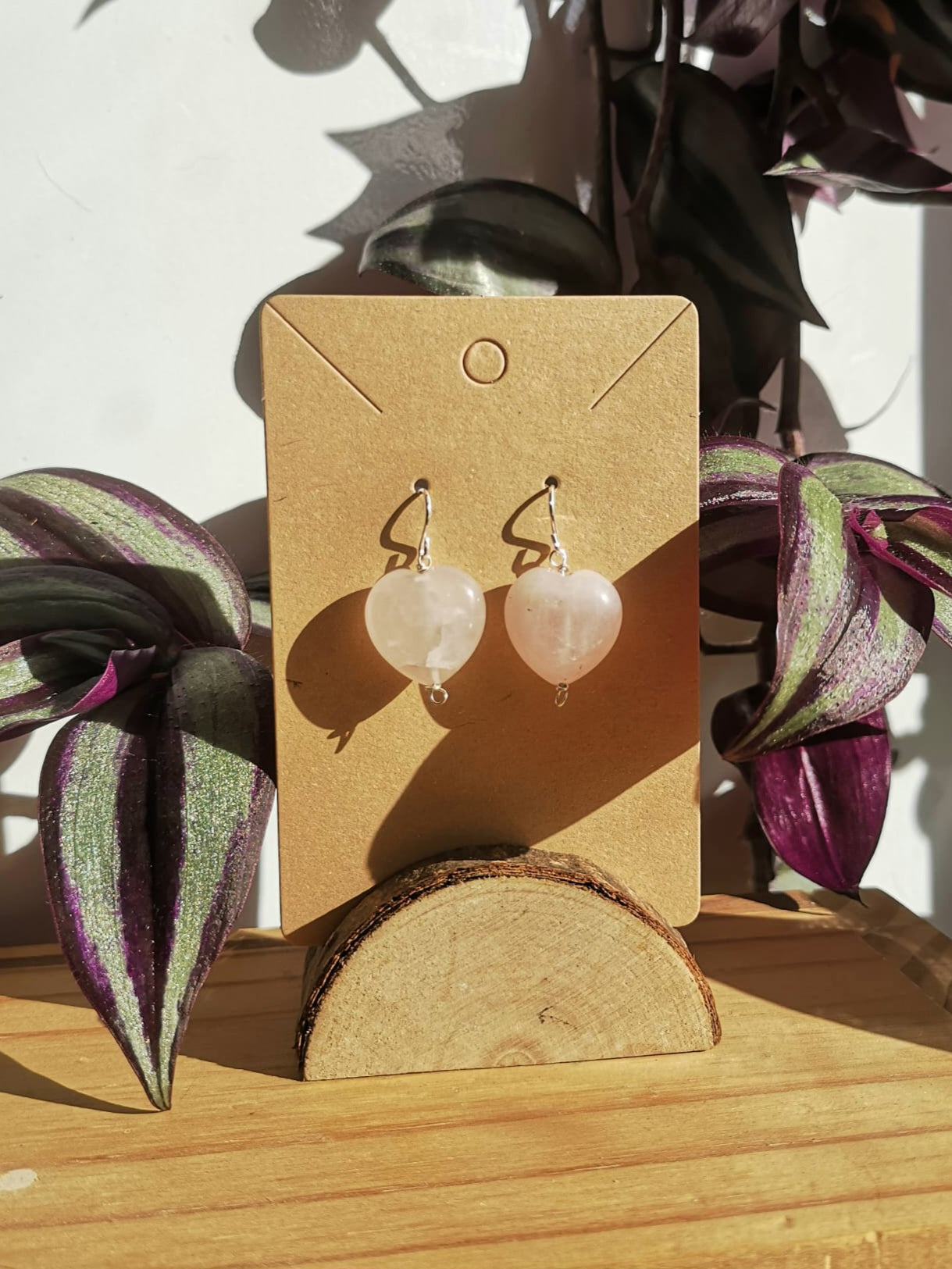 Natural rose quartz heart dangle earrings // 925-sterling-silver