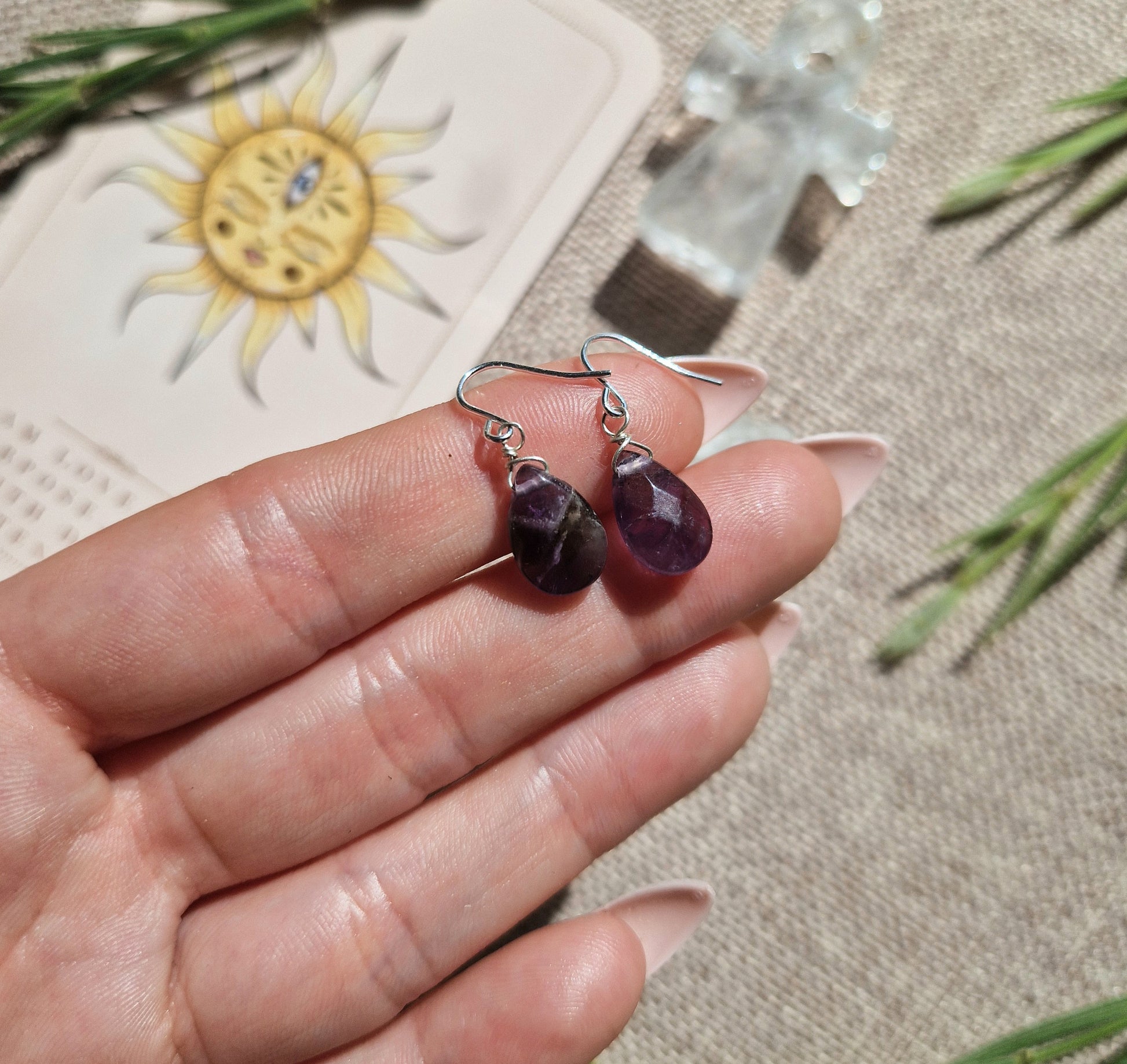 Handmade 925 sterling silver & Amethyst tear drop dangle earrings // Crystal energy // crown chakra
