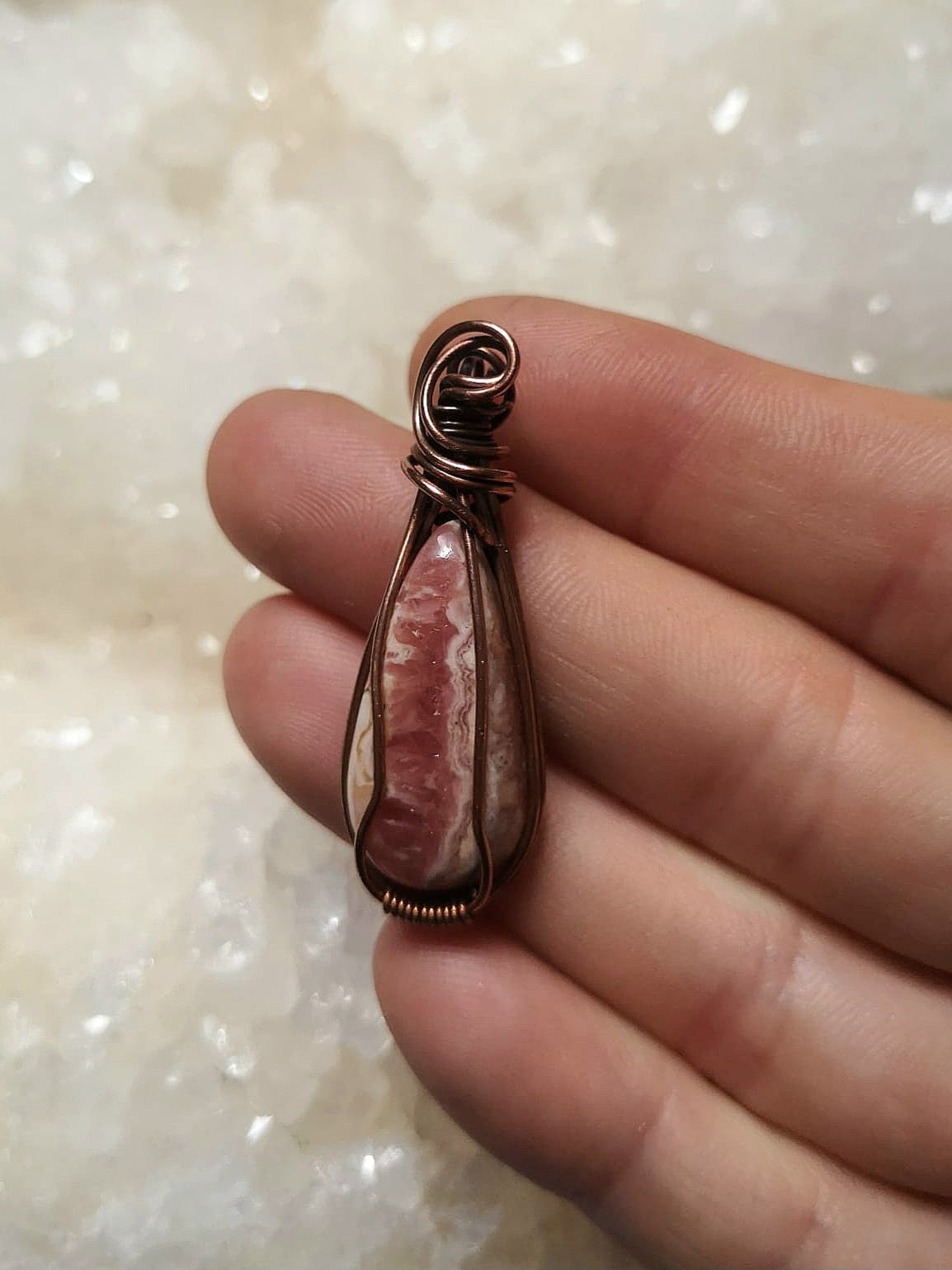 Rhodochrosite // copper wire wrapped pendant with adjustable suede cord