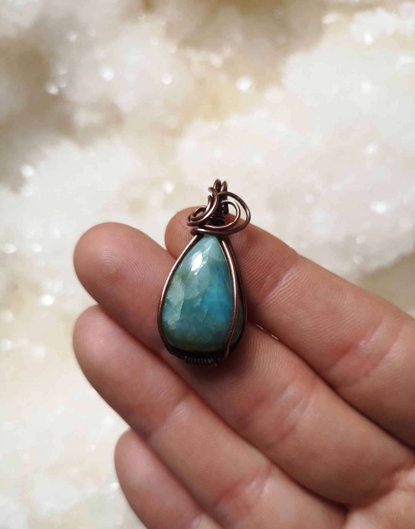 Larimar // copper wire wrapped pendant with adjustable suede cord
