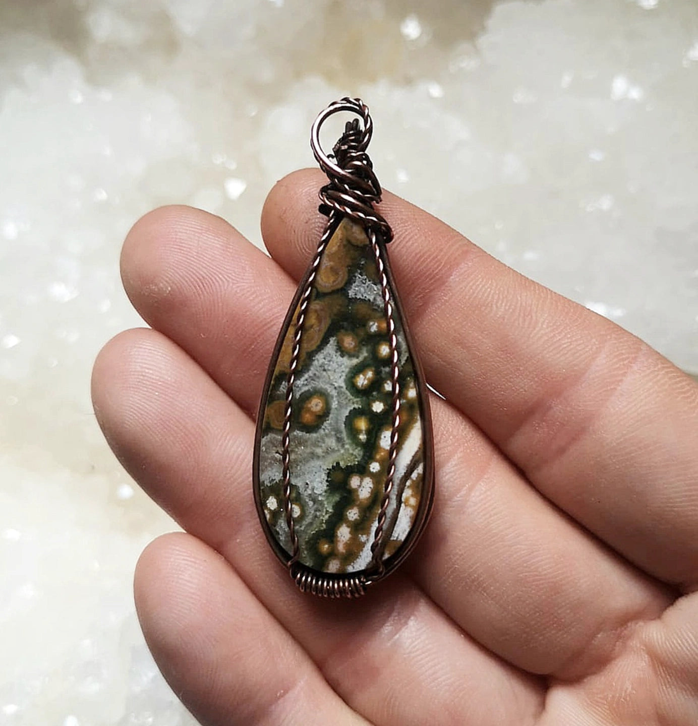 Ocean jasper // copper wire wrapped pendant with adjustable suede cord