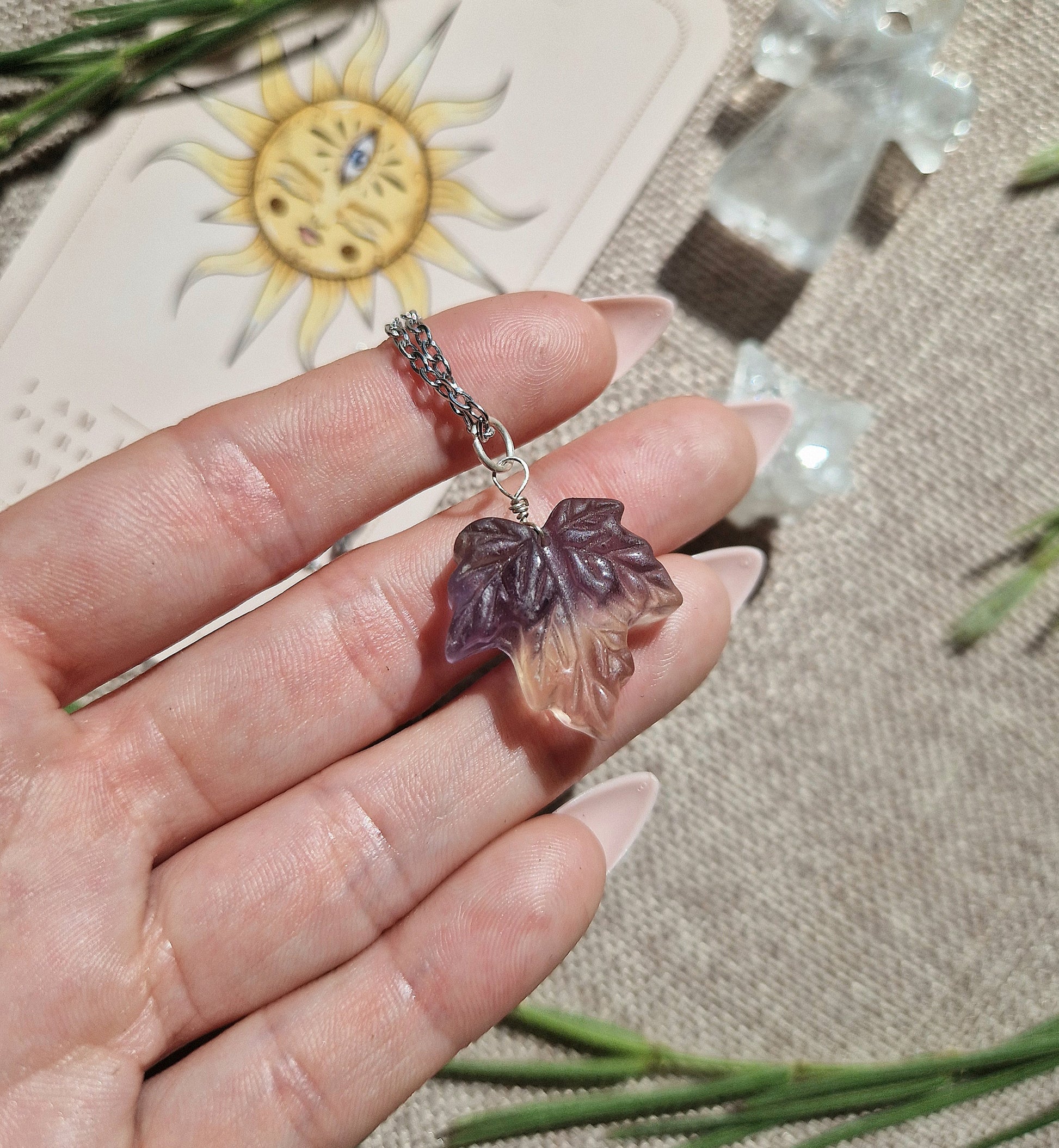 Fluorite leaf pendant // 925 sterling silver necklace // with chain