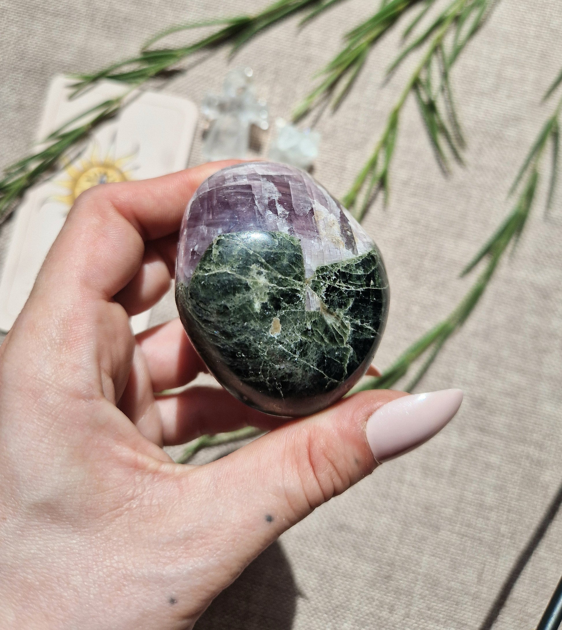 Large purple anhydrite & epidote meditation stone //