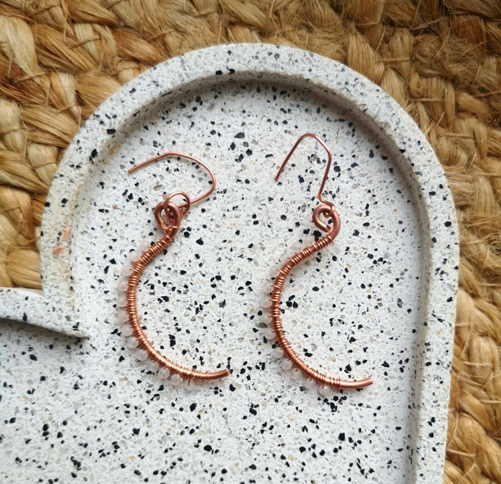 Faceted rose quartz & copper dangle earrings
