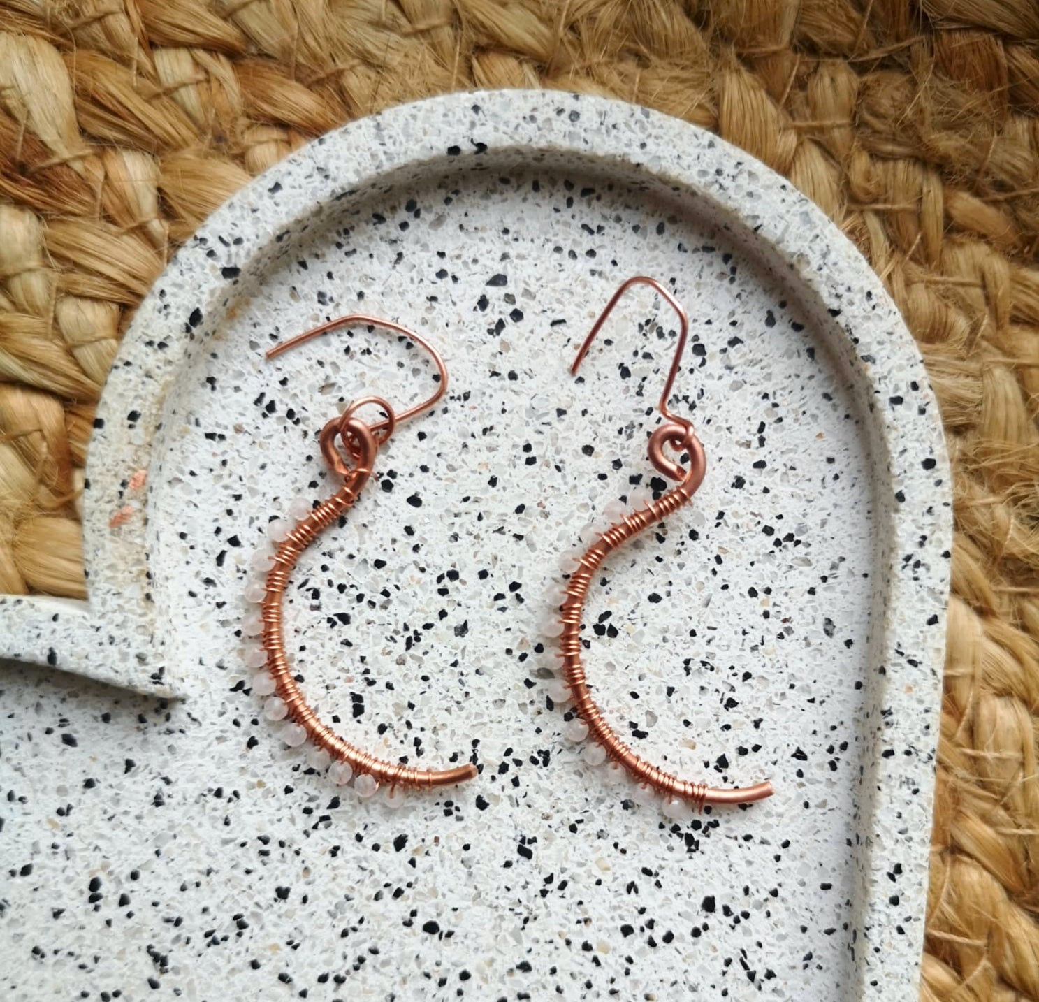 Faceted rose quartz & copper dangle earrings