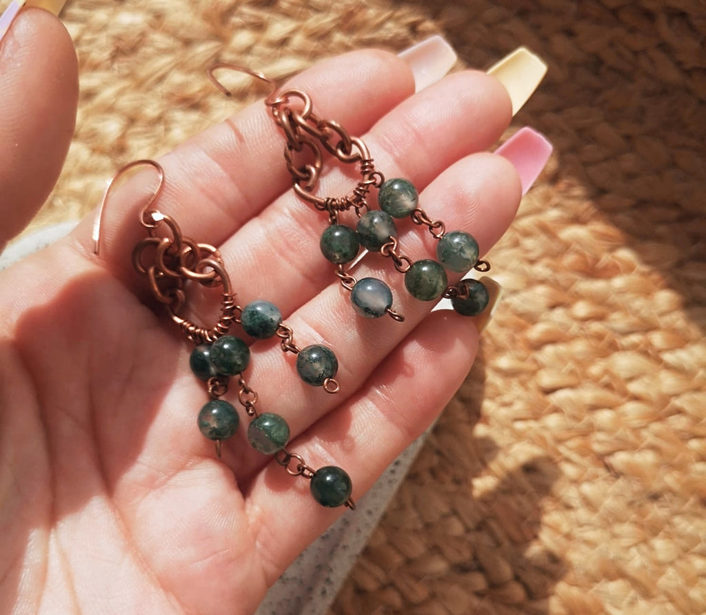 Moss agate // copper dangle earrings