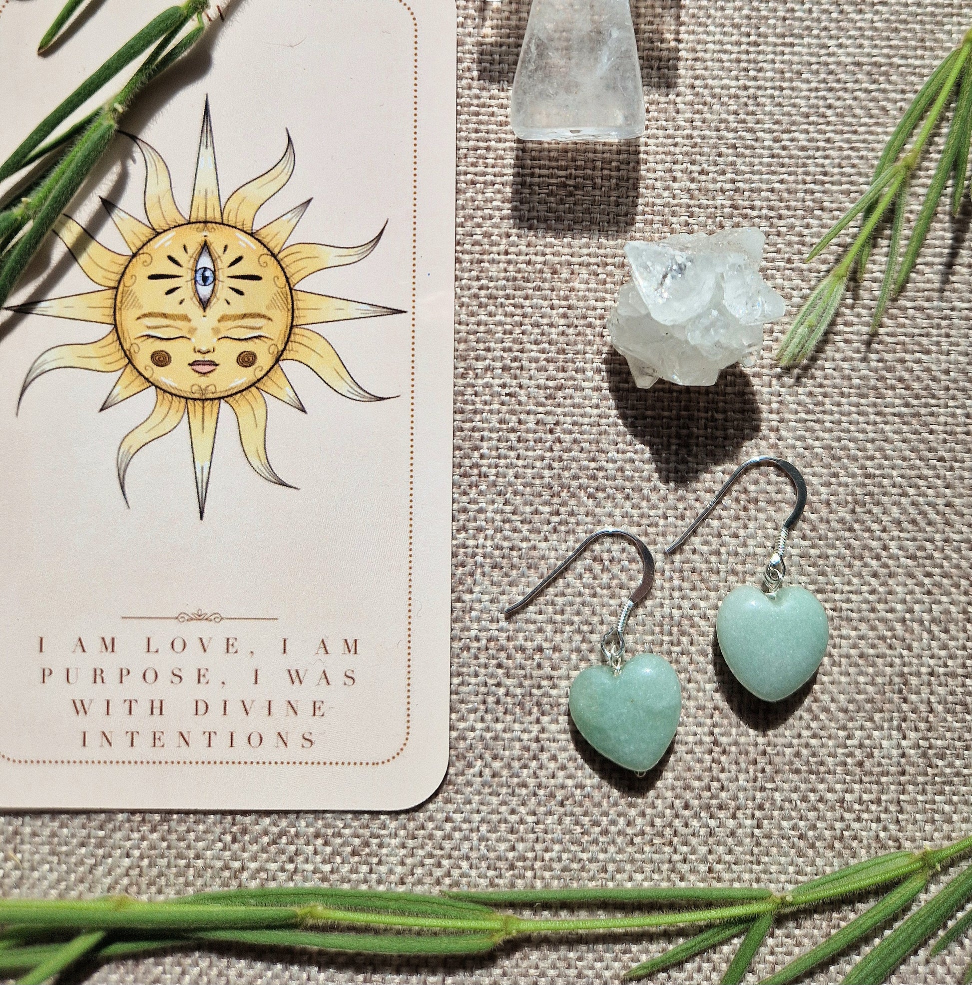 Green aventurine heart dangle earrings // handmade 925 sterling silver
