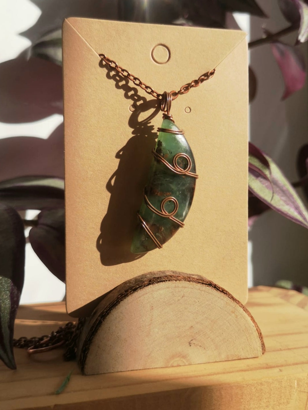 Chrysoprase moon // natural copper pendant with chain