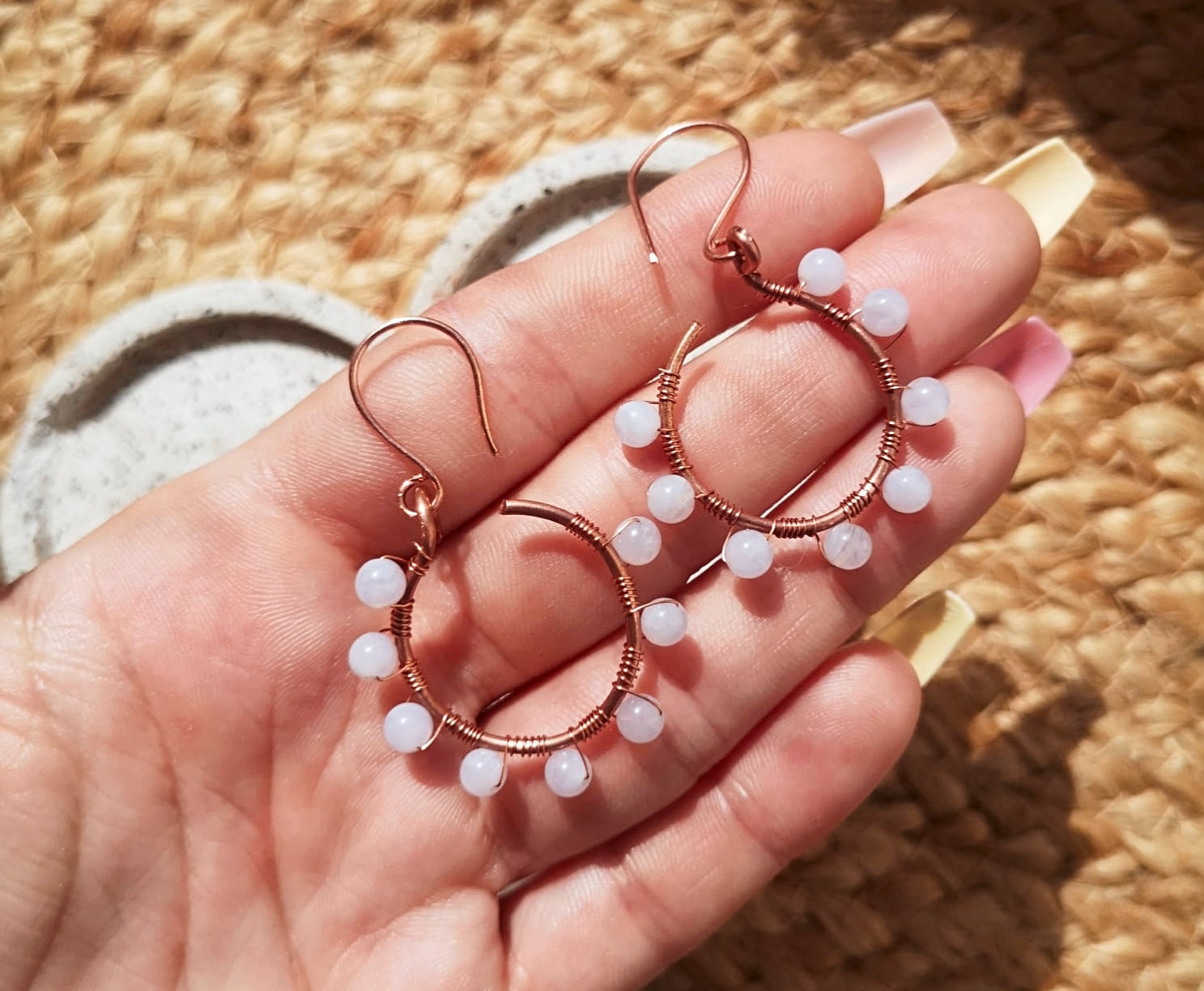 Blue chalcedony & copper wire wrapped earrings