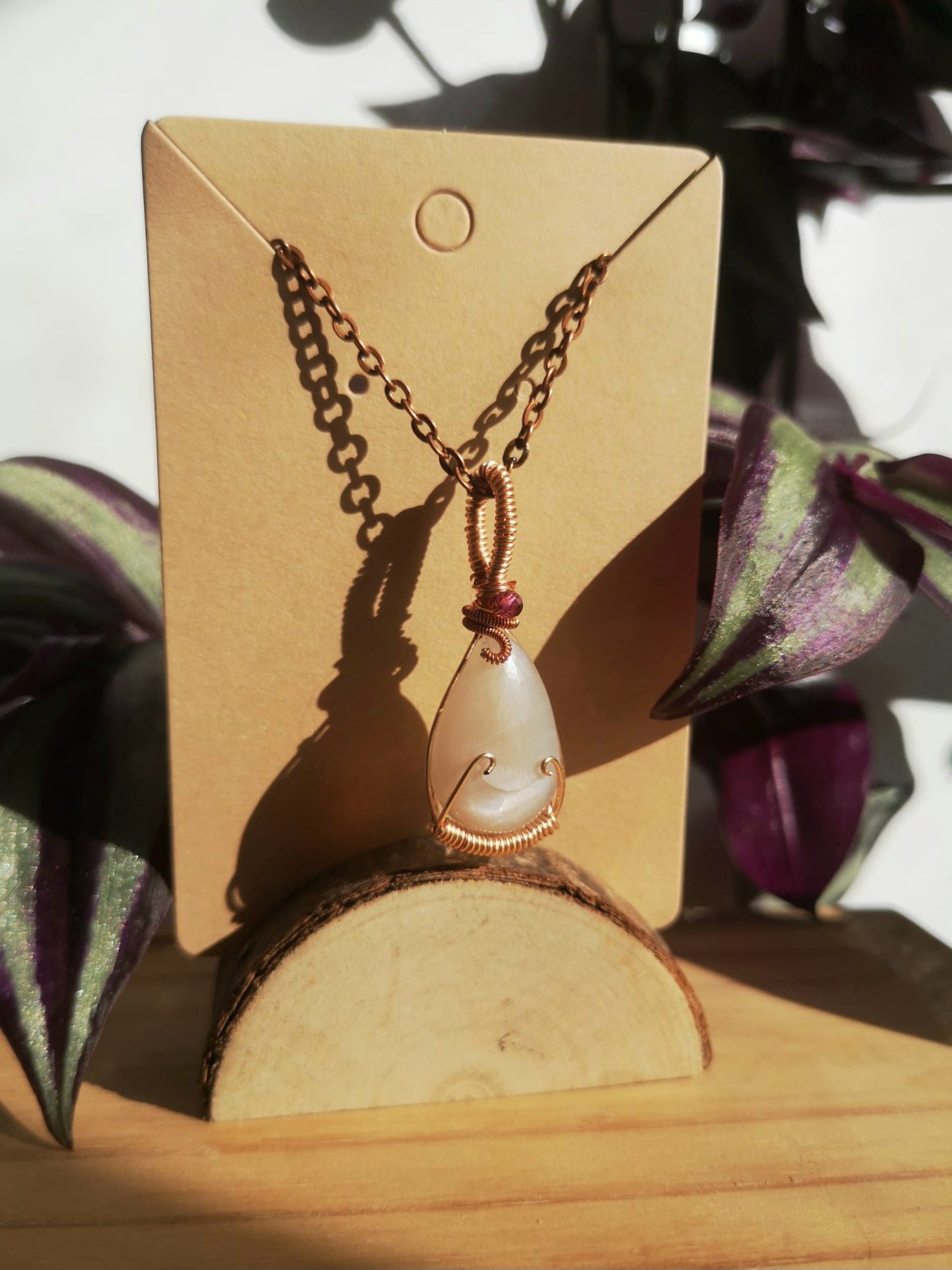 Moonstone & garnet // natural copper pendant with chain