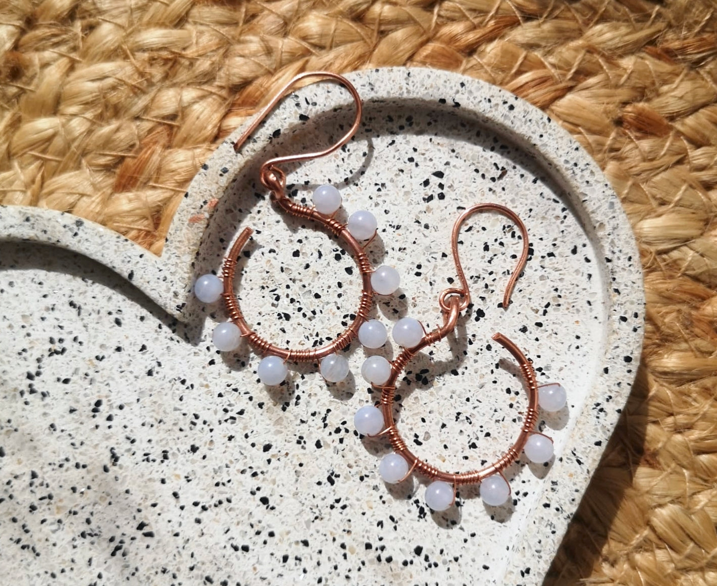 Blue chalcedony & copper wire wrapped earrings