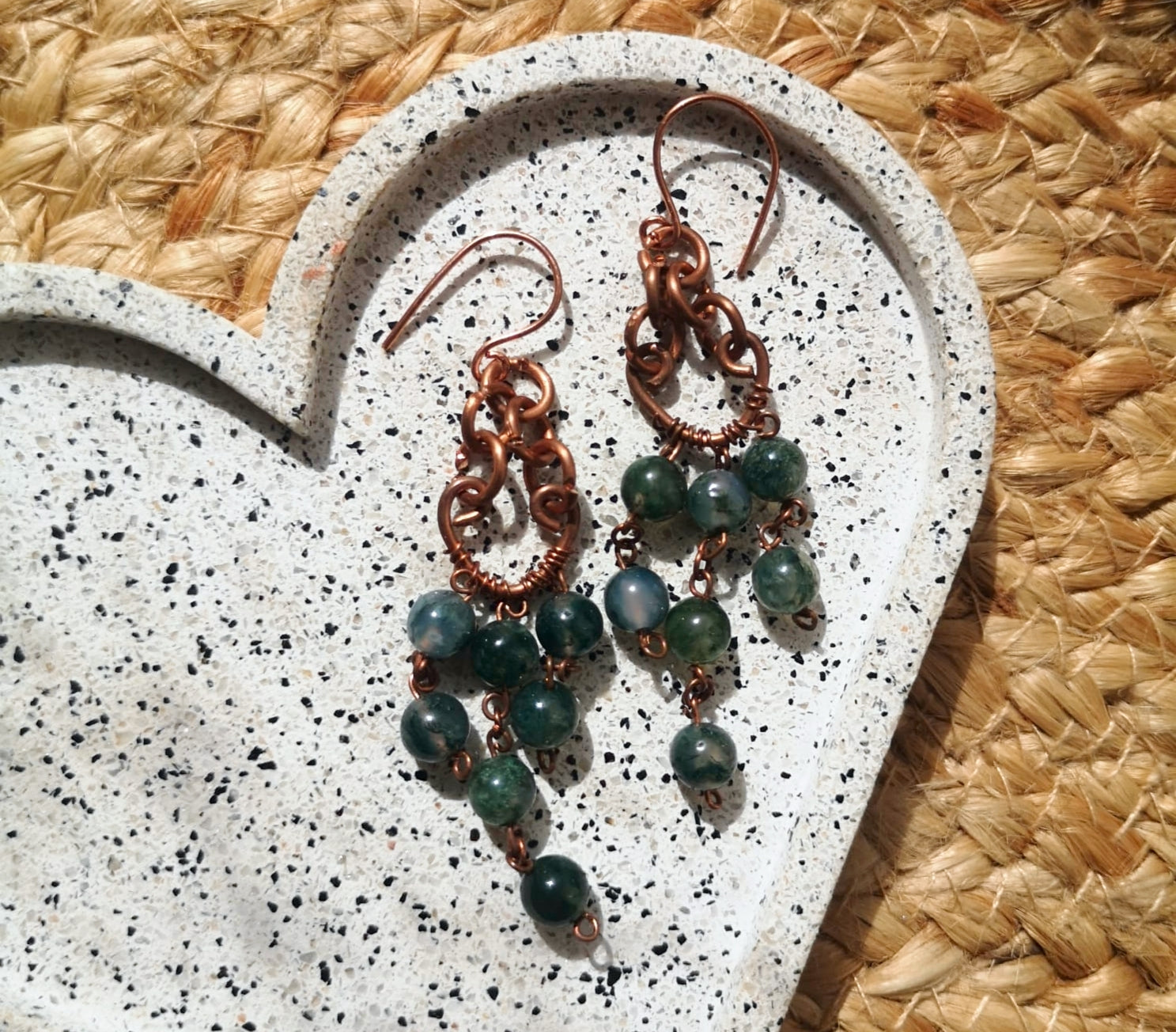 Moss agate // copper dangle earrings