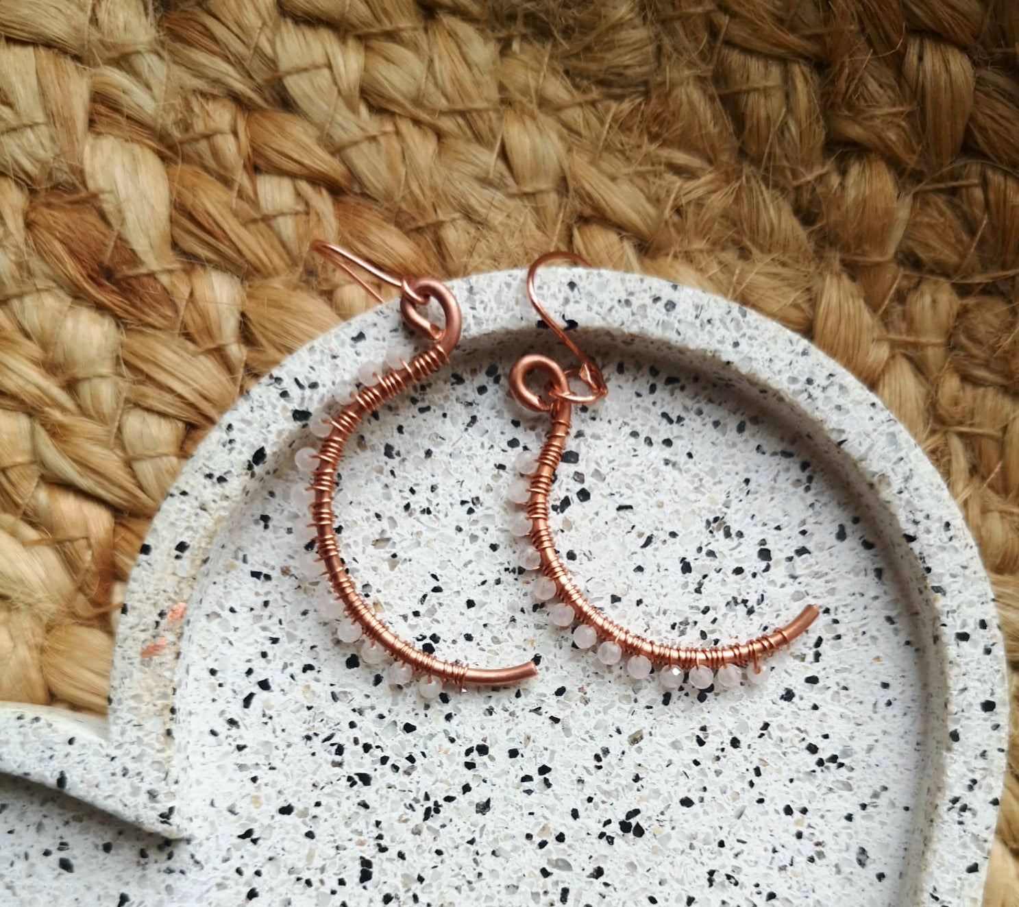 Faceted rose quartz & copper dangle earrings