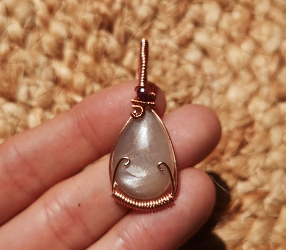 Natural moonstone/ garnet hand wrapped copper pendant