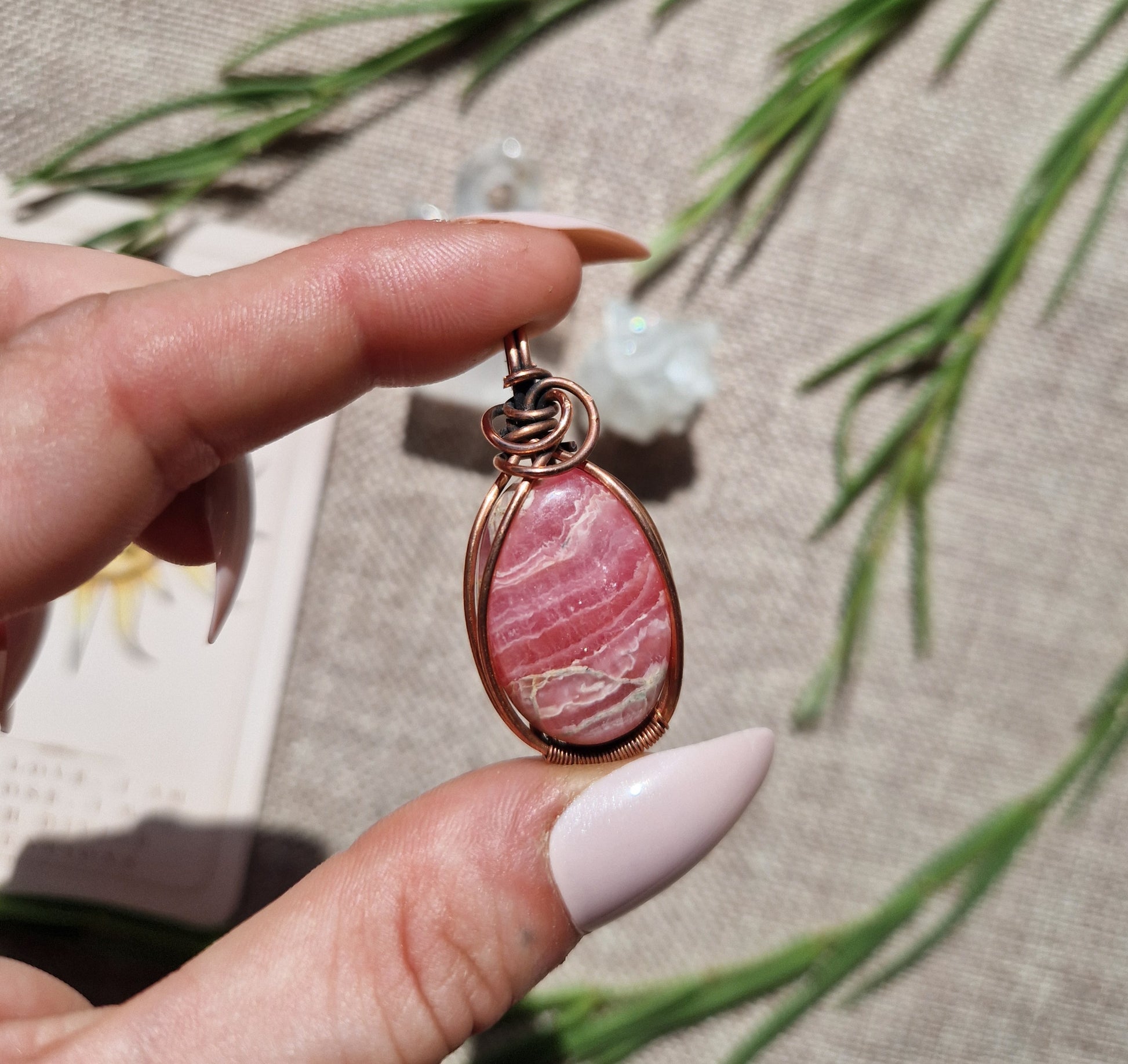 Rhodochrosite & Copper handmade pendant with copper chain // heart chakra necklace  // Crystal healing jewellery