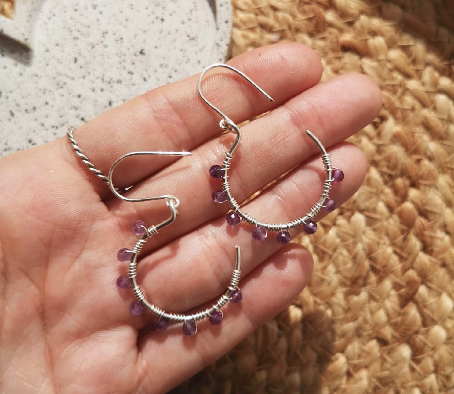Fluorite dangle hoops // 925-sterling-silver wire wrapped
