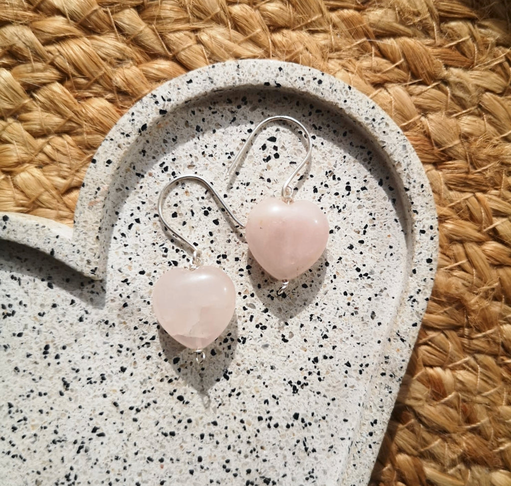 Natural rose quartz heart dangle earrings // 925-sterling-silver